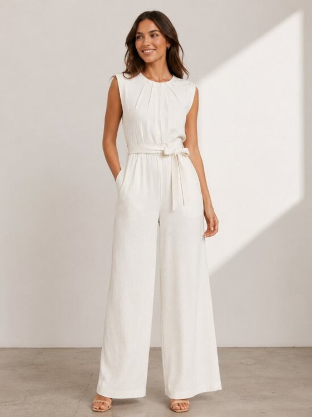Calvin Klein Crepe Belted Wide Leg Jumpsuit in White Size 2 NWT